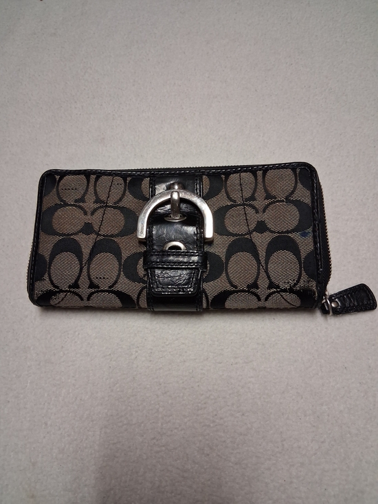 Coach Handbags - Vintage Coach Black/Tan Signature Canvas Buckle Zip Wallet